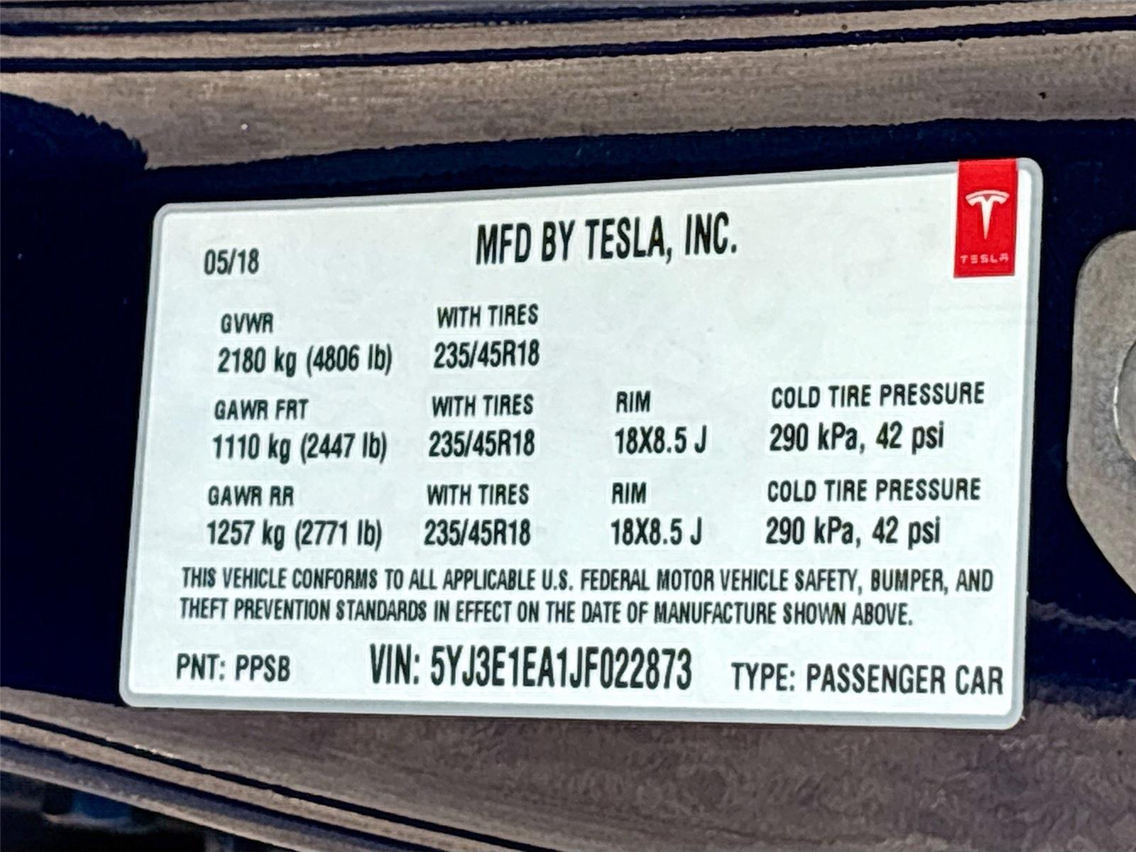 2018 Tesla Model 3 Long Range Battery