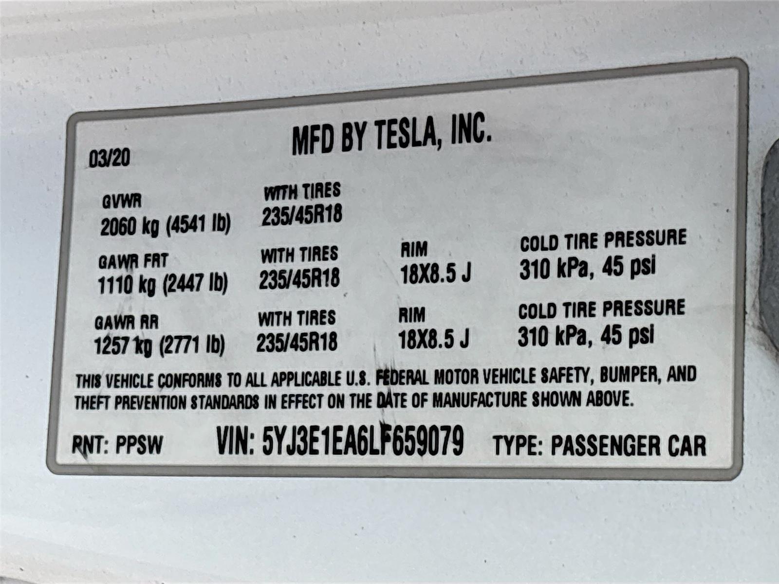 2020 TESLA MODEL 3