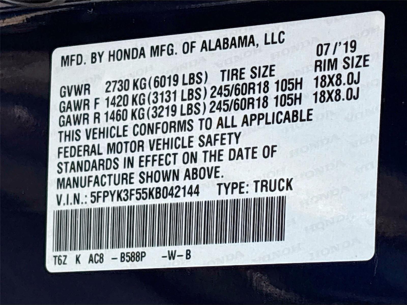 2019 Honda Ridgeline RTL