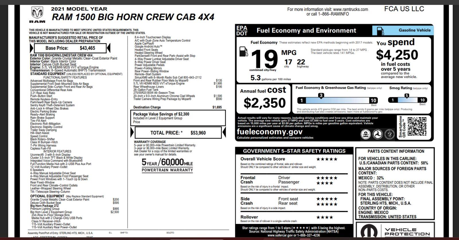 2021 RAM 1500 Big Horn Crew Cab 4WD