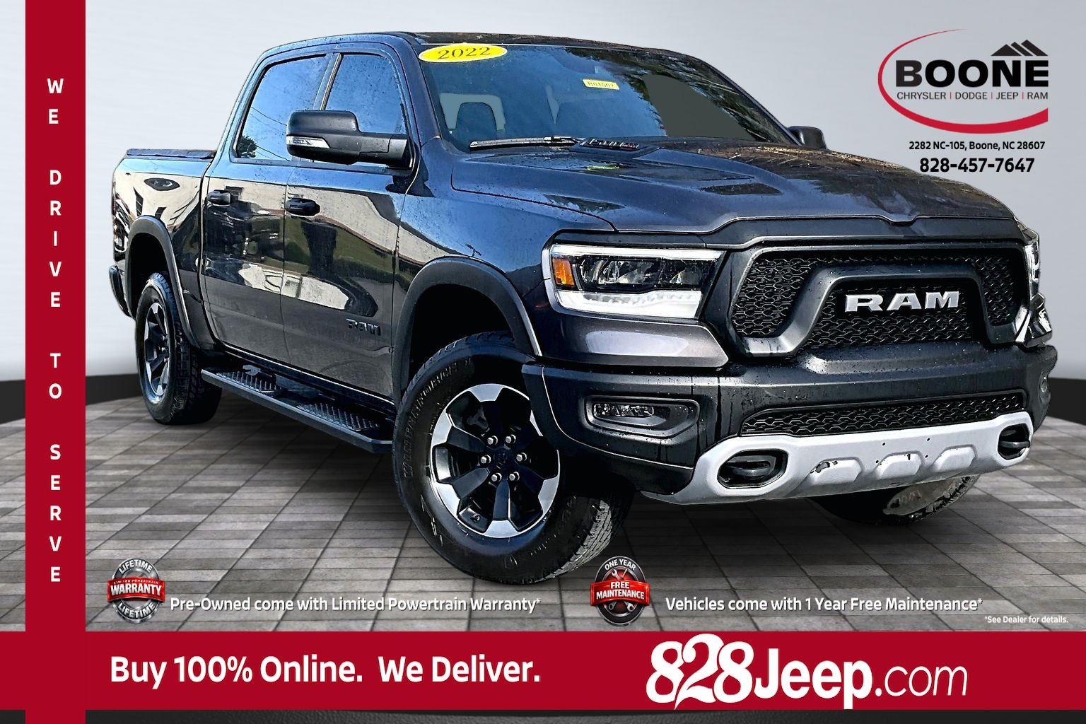Gray (Granite Crystal Metallic Clearcoat) 2022 RAM 1500 Rebel Crew Cab 4WD Pickup Truck Four-Wheel Drive 8-Speed Automatic