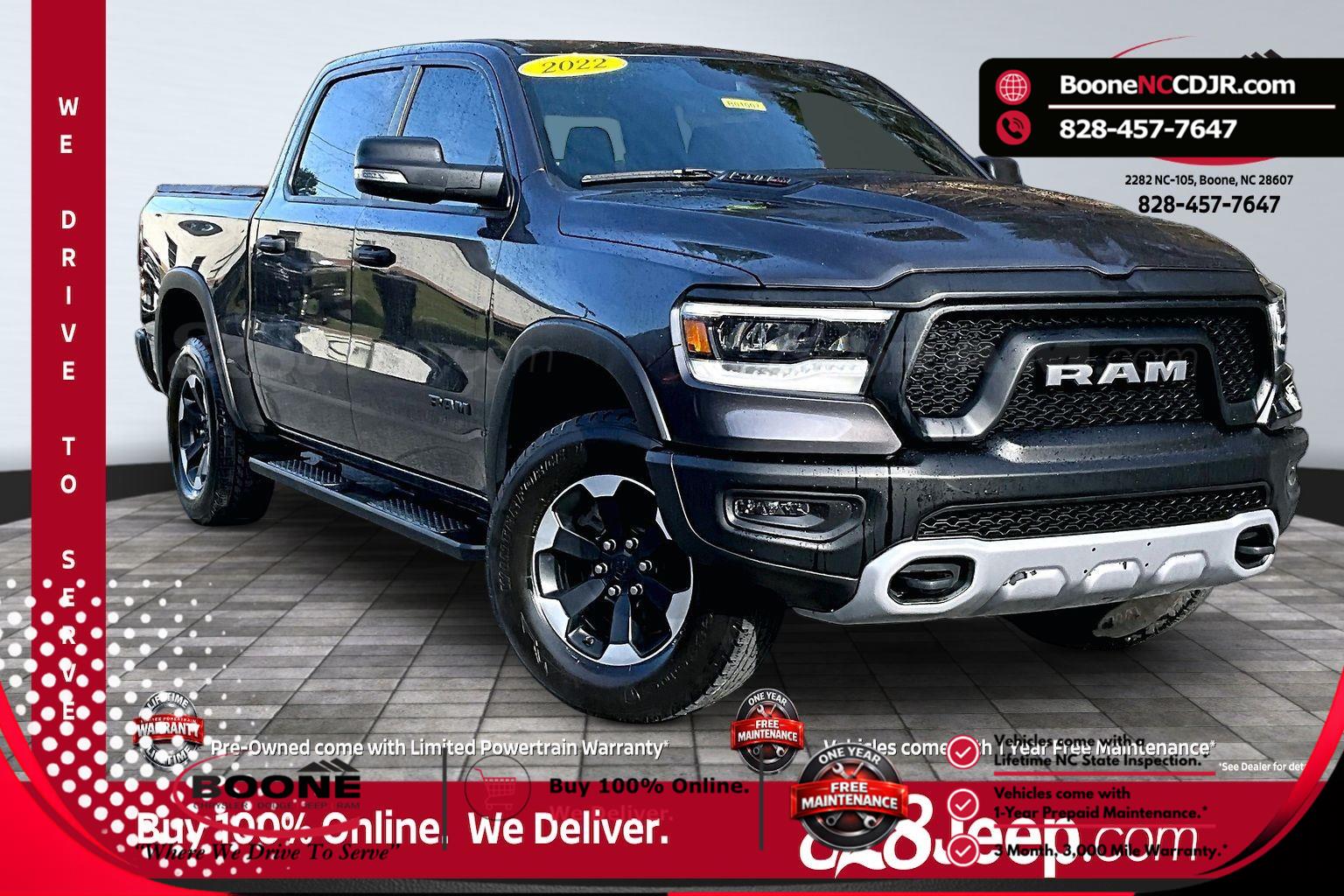 Gray (Granite Crystal Metallic Clearcoat) 2022 RAM 1500 Rebel Crew Cab 4WD Pickup Truck Four-Wheel Drive 8-Speed Automatic