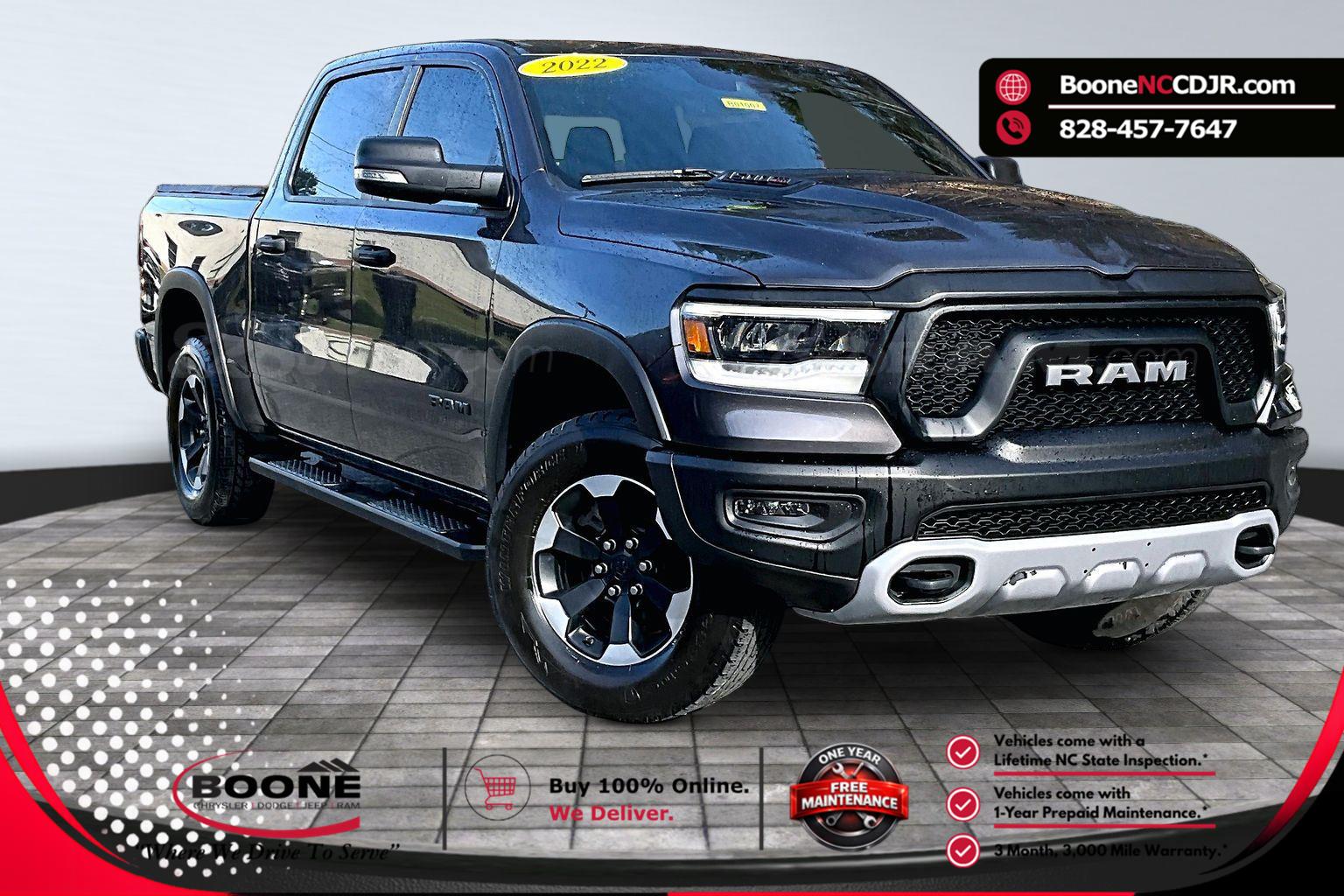 Gray (Granite Crystal Metallic Clearcoat) 2022 RAM 1500 Rebel Crew Cab 4WD Pickup Truck Four-Wheel Drive 8-Speed Automatic