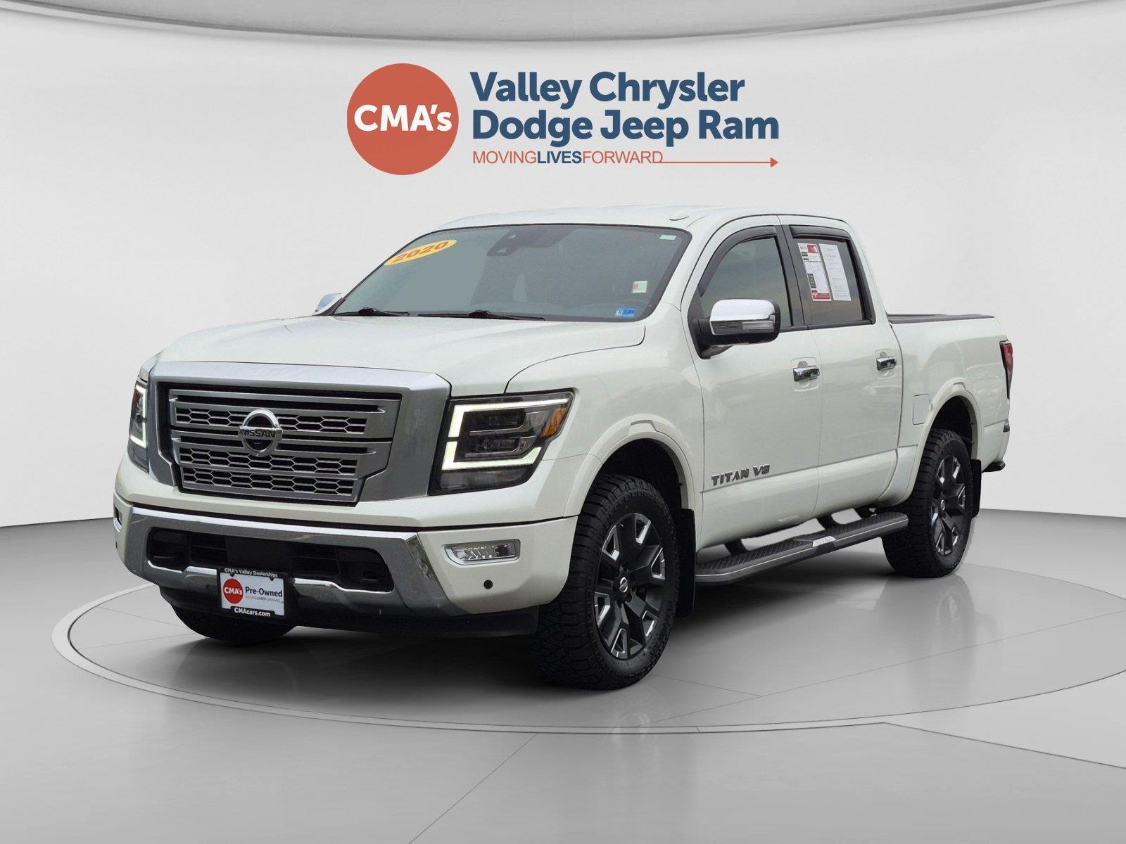 Pearl White 2020 Nissan Titan Pickup Truck Four-Wheel Drive Automatic