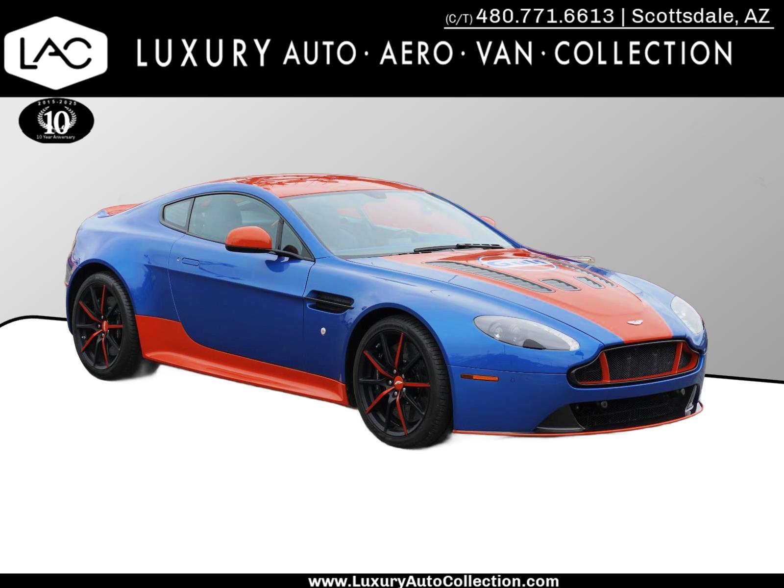 Metallic Blue and Orange Gulf 2017 Aston Martin V12 Vantage S Coupe RWD Coupe Rear-Wheel Drive 7-Speed Manual