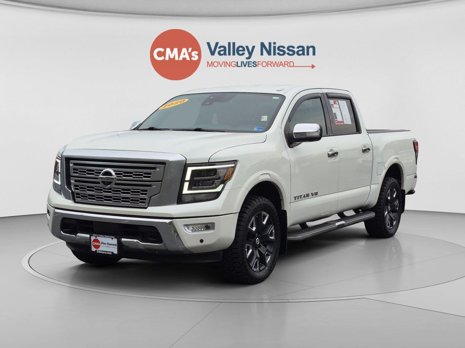 Pearl White 2020 Nissan Titan Pickup Truck Four-Wheel Drive Automatic