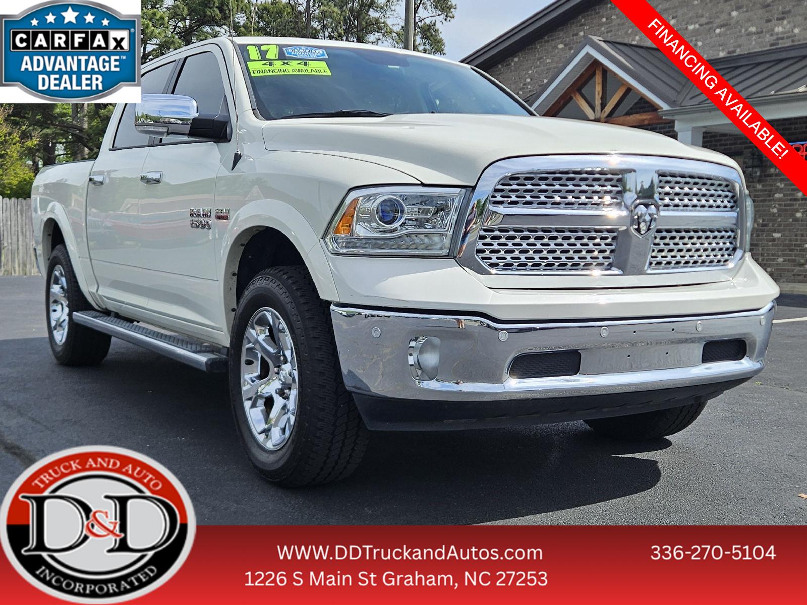 Pearl White 2017 RAM 1500 Laramie Crew Cab 4WD Pickup Truck Four-Wheel Drive 8-Speed Automatic