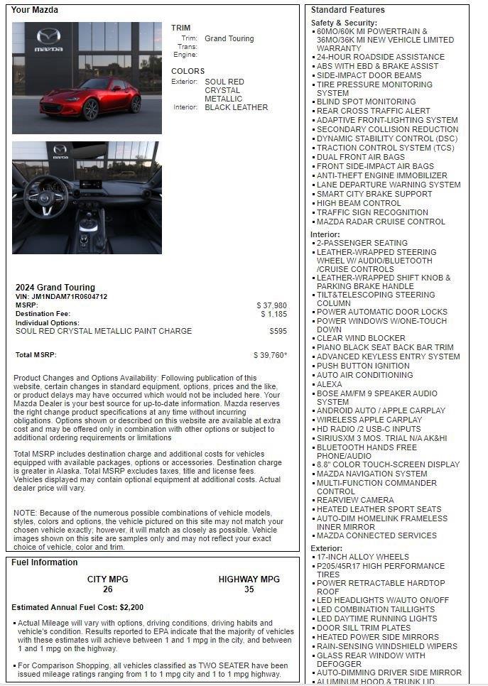 New 2024 Mazda MX-5 Miata RF Grand Touring Convertible for sale in Lincoln NE