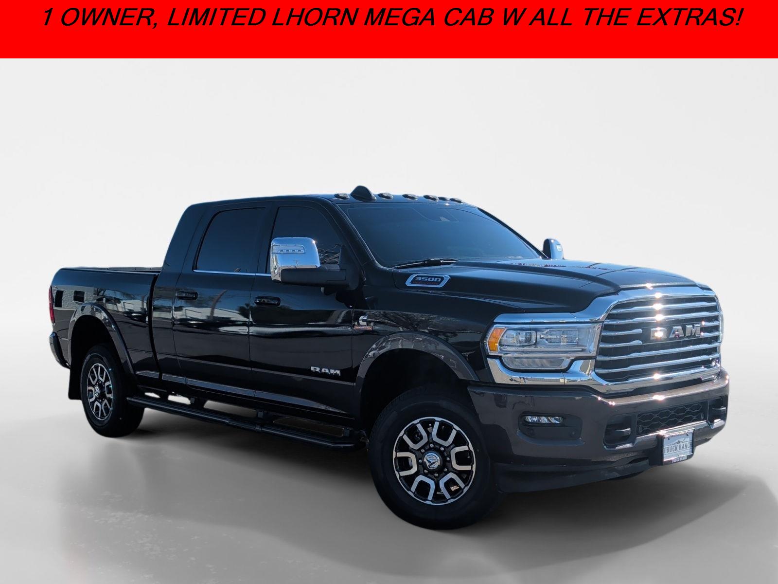 Diamond Black Crystal Pearlcoat 2024 RAM 3500 Limited Longhorn Mega Cab 4WD Pickup Truck Four-Wheel Drive 6-Speed Automatic