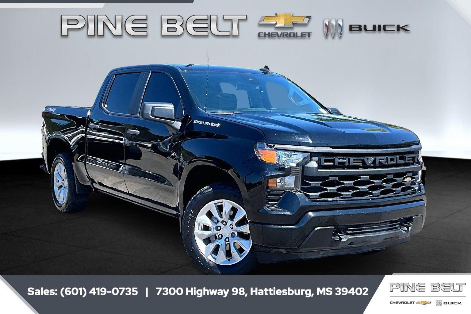 Black 2023 Chevrolet Silverado 1500 Custom Crew Cab 4WD Pickup Truck Four-Wheel Drive 8-Speed Automatic