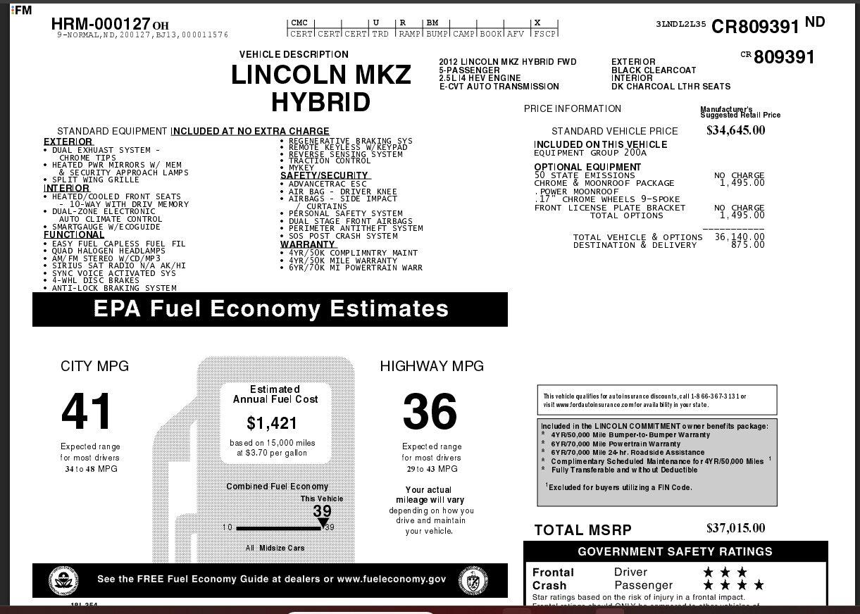  2012 Lincoln MKZ Hybrid FWD   