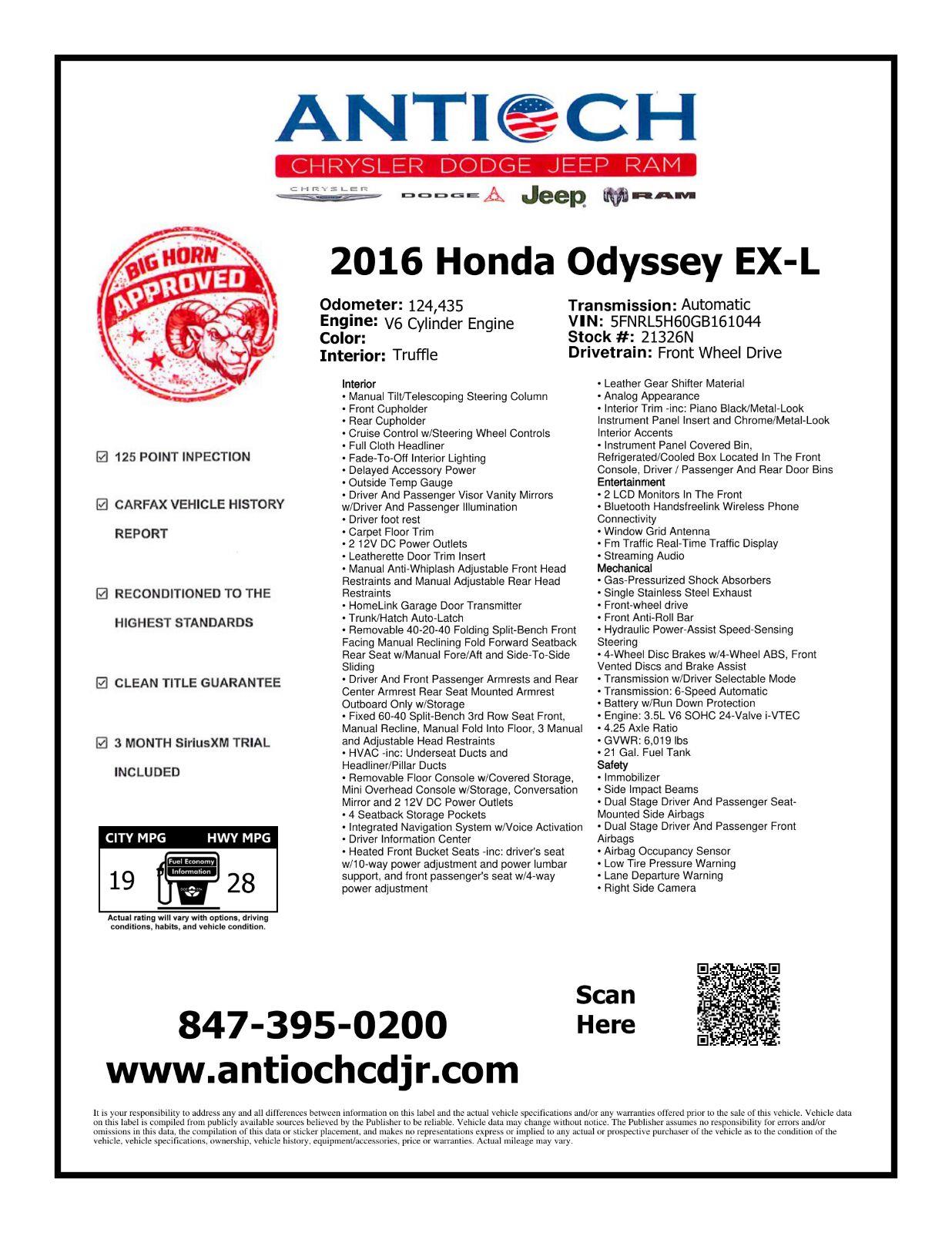 2016 Honda Odyssey Minivan Front-Wheel Drive Automatic