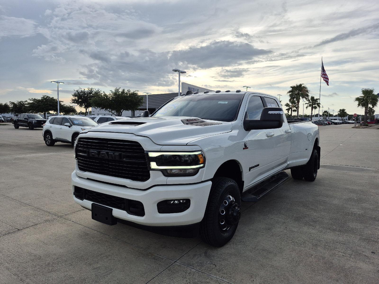 Pearl White 2024 RAM 3500 Laramie Crew Cab LB DRW 4WD Pickup Truck Four-Wheel Drive 6-Speed Automatic