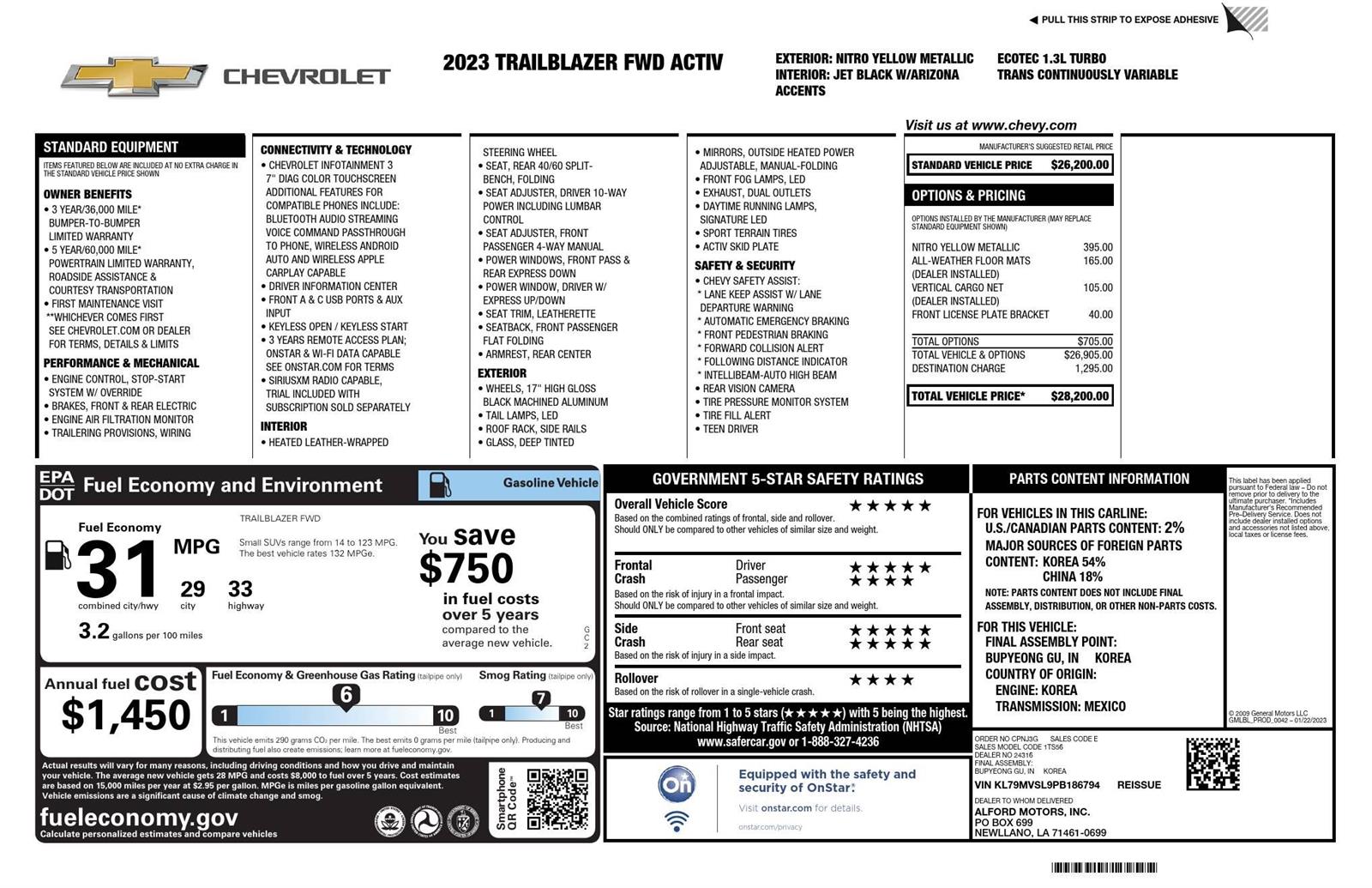 Nitro Yellow Metallic 2023 Chevrolet Trailblazer ACTIV FWD SUV / Crossover Front-Wheel Drive Continuously Variable Transmission