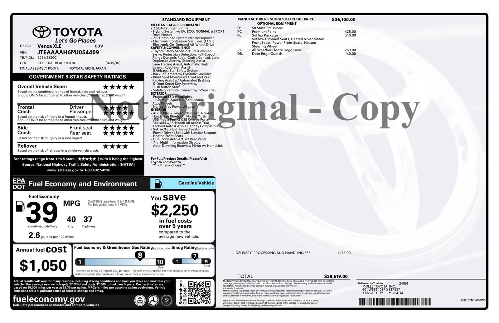 Celestial Black 2021 Toyota Venza XLE AWD SUV / Crossover All-Wheel Drive Continuously Variable Transmission