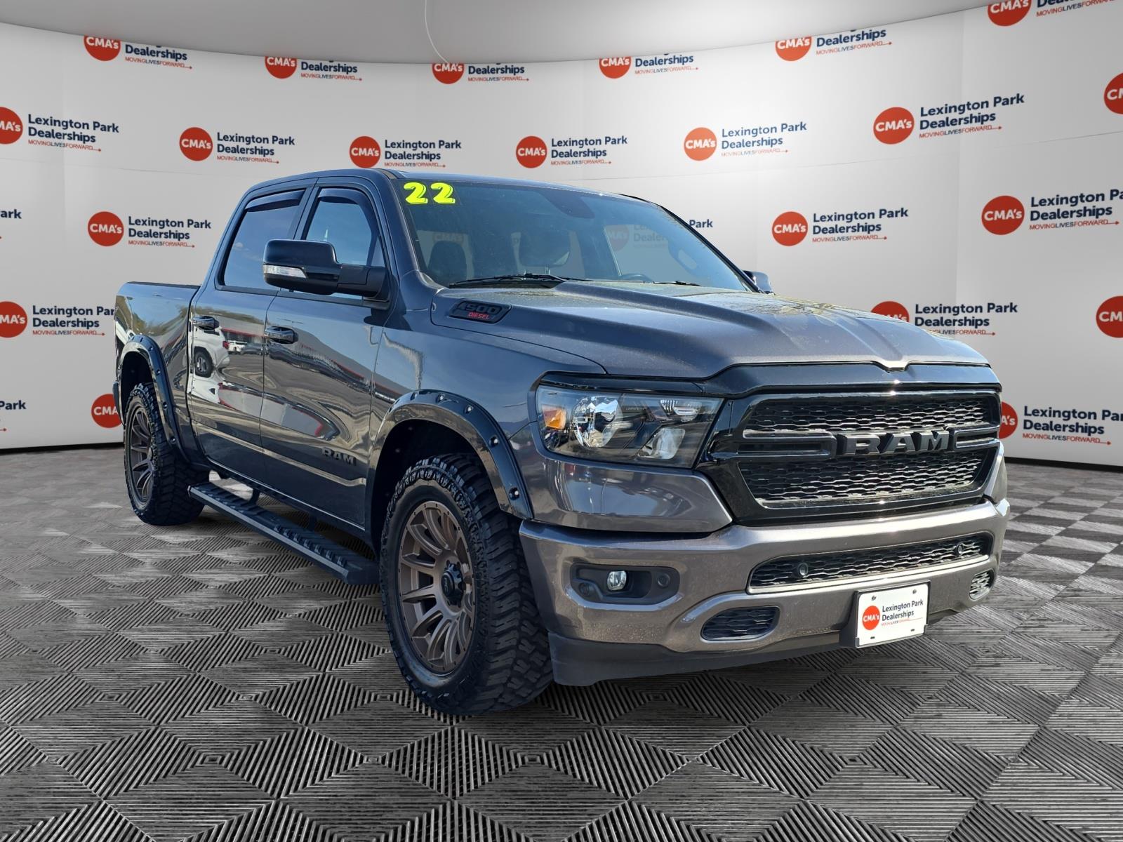 Gray (Granite Crystal Metallic Clearcoat) 2022 RAM 1500 Big Horn Crew Cab 4WD Pickup Truck Four-Wheel Drive 8-Speed Automatic