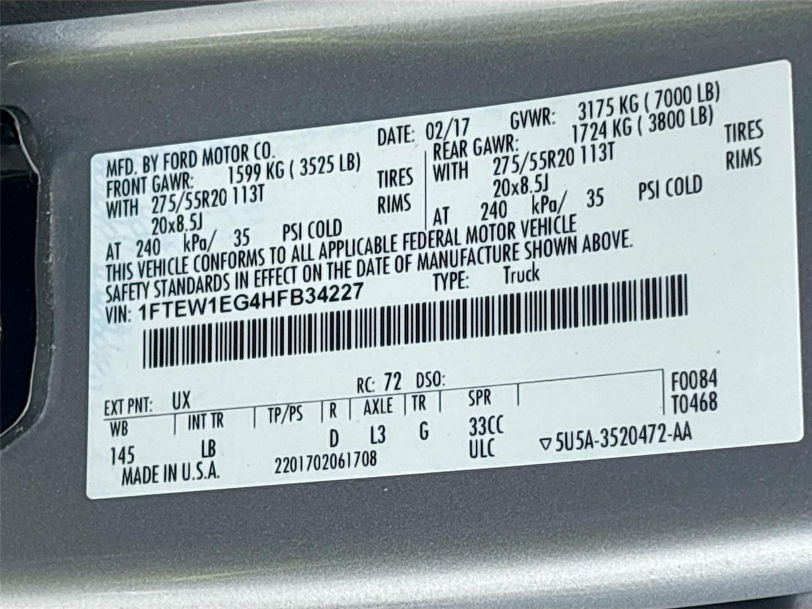 2017 FORD F150 XL/XLT/LRT
