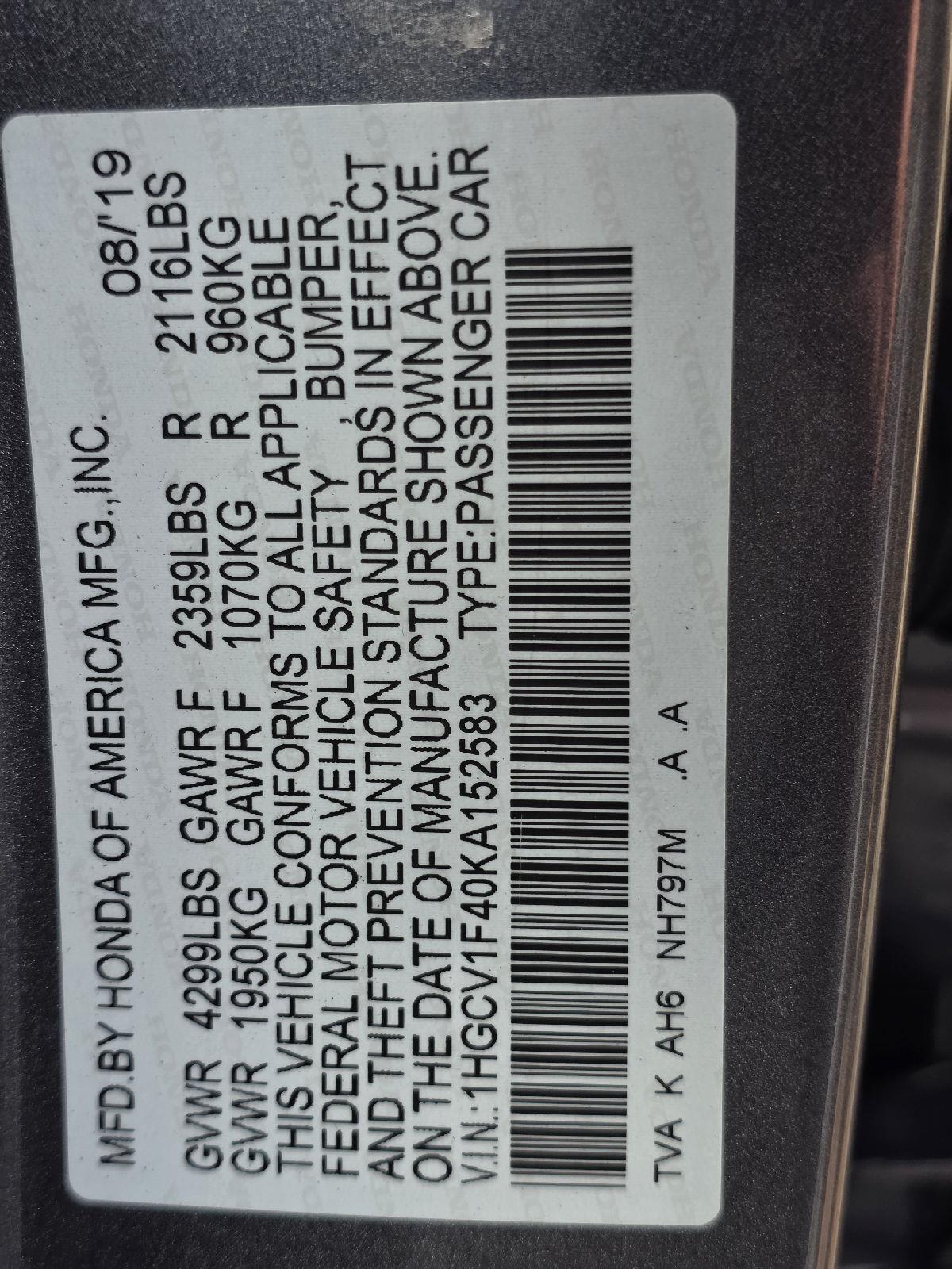 2019 Honda Accord Sedan EX 1.5T at TX Auto Group