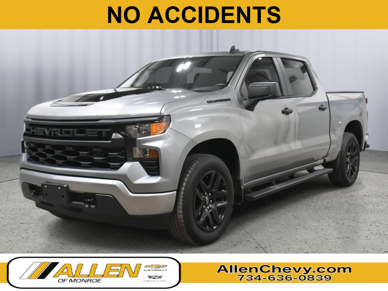 Gray (Sterling Grey Metallic) 2023 Chevrolet Silverado 1500 Custom Crew Cab 4WD Pickup Truck Four-Wheel Drive 8-Speed Automatic